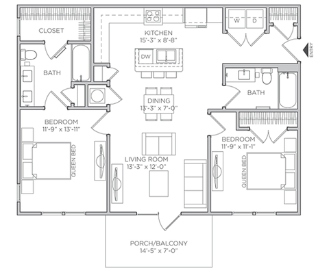 Floor plan for 2 beds, 2 baths, 1038 sqft
